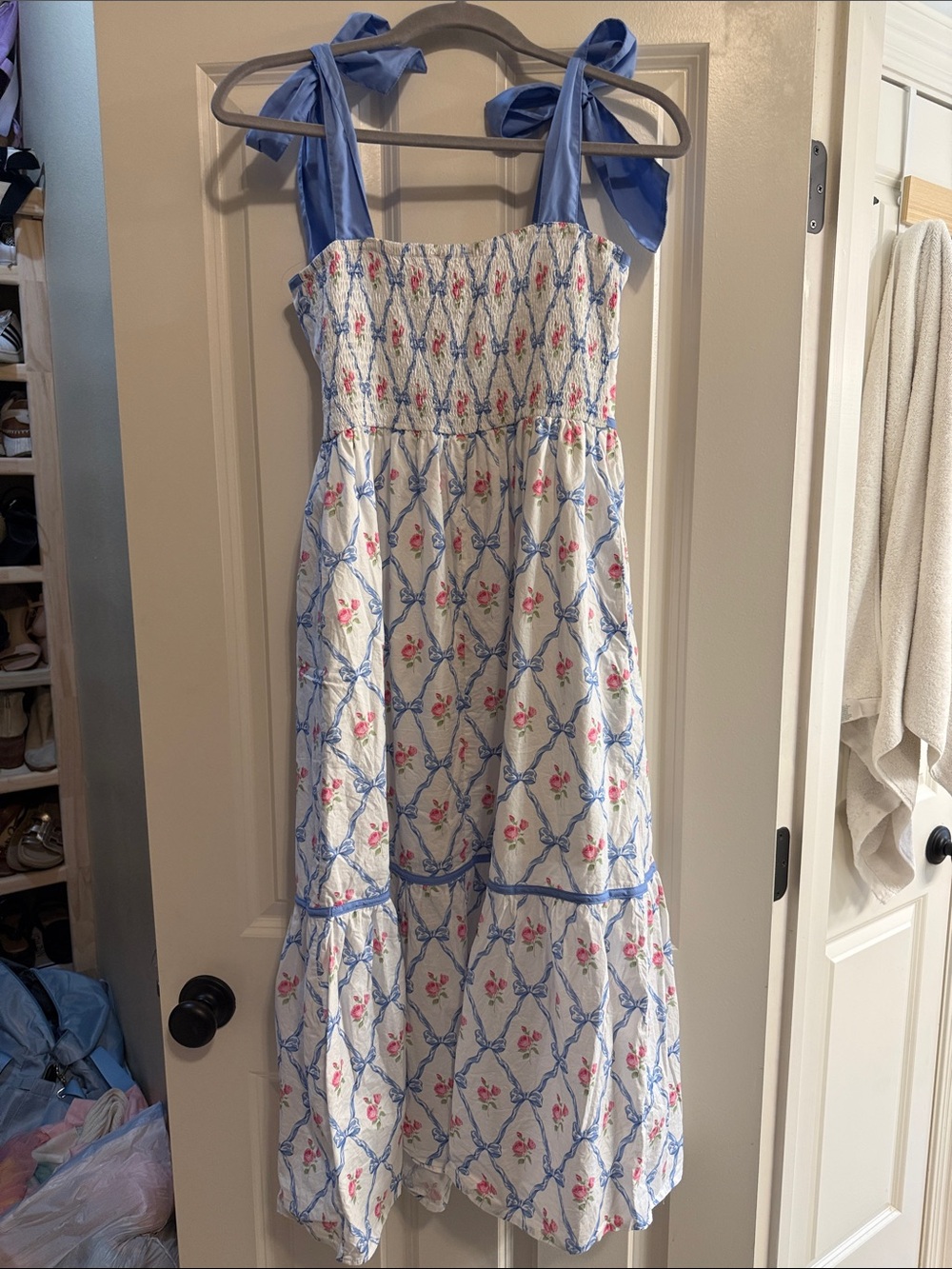 entro White Floral Maxi Dress with Blue Trim & Bow Straps - Picture 4 of 6